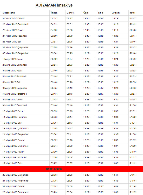 adıyaman imsakiyesi 2020