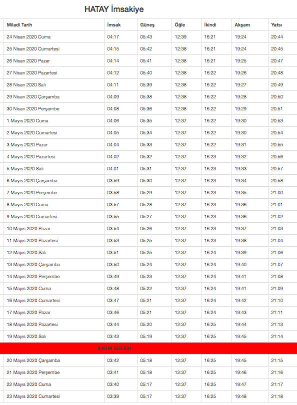 hatay imsakiye 2020