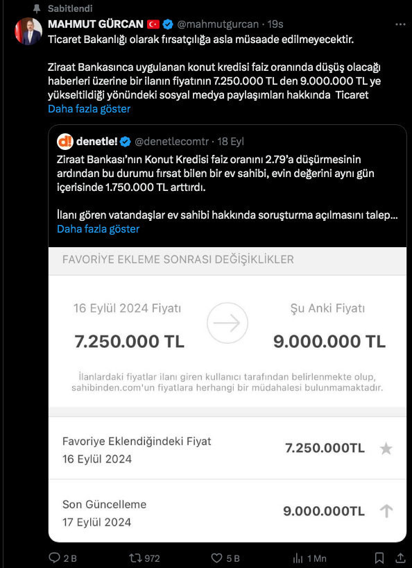 Konut faizi indirimi sonrası ilana 1 milyon 750 bin lira zam yaptı Bakanlık harekete geçti - Resim: 0