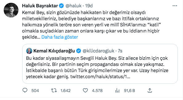 Kılıçdaroğlu 'bizim için çok değerlisiniz' dedi Haluk Bayraktar'dan bomba yanıt - Resim: 0