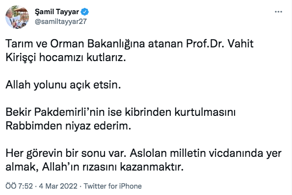 İstifa eden Bekir Pakdemirli için Şamil Tayyar'dan 'kibirli' twiti - Resim: 0