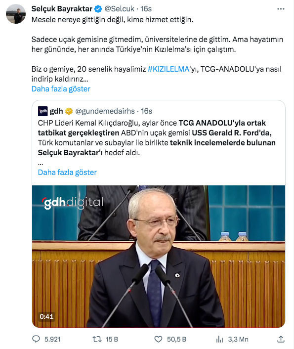 Selçuk Bayraktar'dan Kılıçdaroğlu'na 'ABD gemisinde ne işi var?' yanıtı: Yerde takozları alır, sayarsın - Resim: 0
