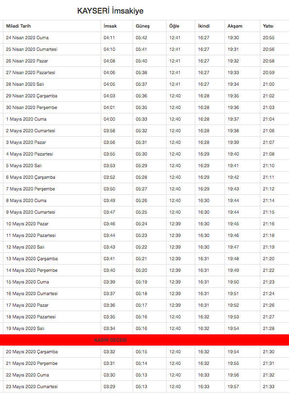kayseri imsakiyesi 2020