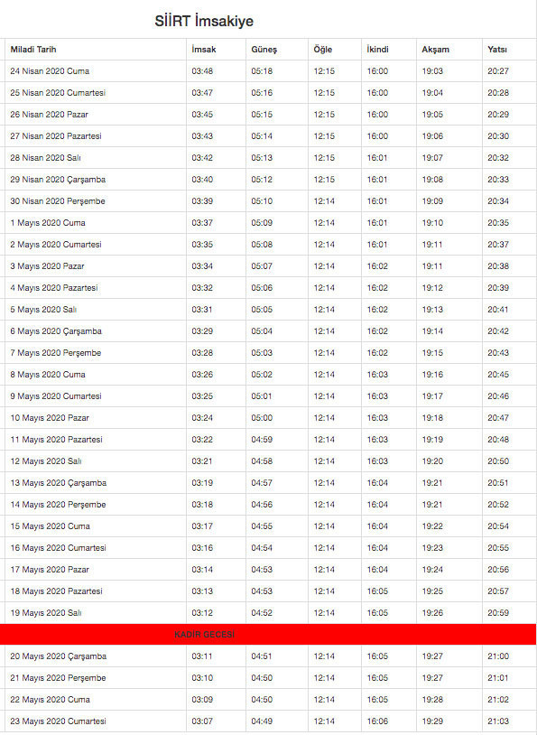 siirt imsakiye 2020 diyanet imsakiyesi