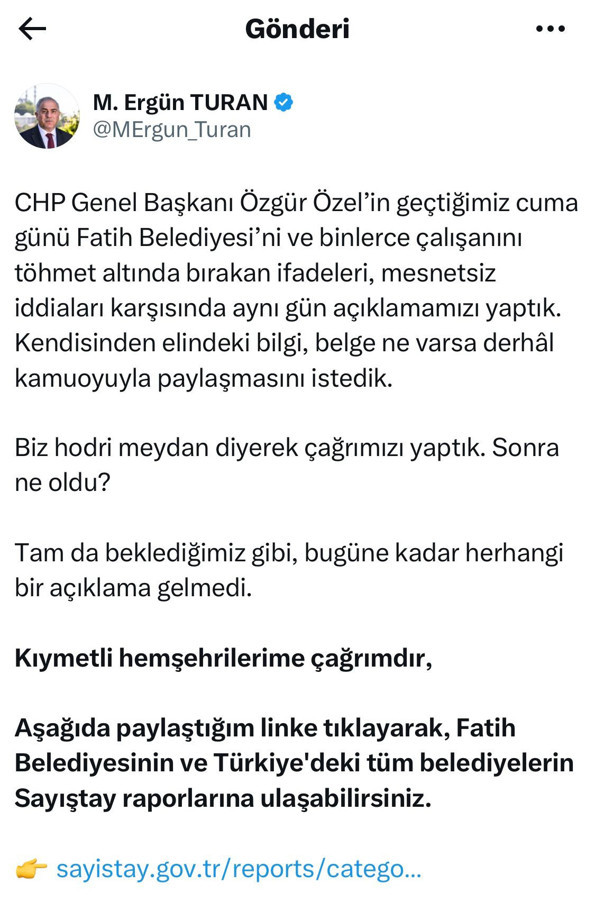 Fatih Belediye Başkanı Mehmet Ergün Turan’dan Özgür Özel’e: “Hodri meydan dedik, cevap gelmedi” - Resim: 0