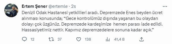 Denizli'de depremzede aileden ücret alan hastaneden açıklama! Ertem Şener duyurdu - Resim: 0