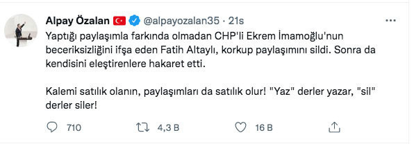 Fatih Altaylı İBB'yi eleştirdiği tweeti sildi Alpay Özalan 'kalemi satılık' dedi sert yanıt geldi - Resim: 1