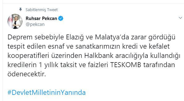 Bakan Ruhsar Pekcan açıkladı! Elazığ ve Malatyalı esnafa kredi ödemesi desteği - Resim: 0