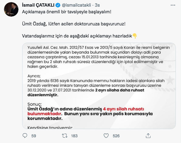 İçişleri Bakan yardımcısı Çataklı'dan Ümit Özdağ'a 'silah ruhsatı' yanıtı: Acilen doktorunuza başvurun - Resim: 0