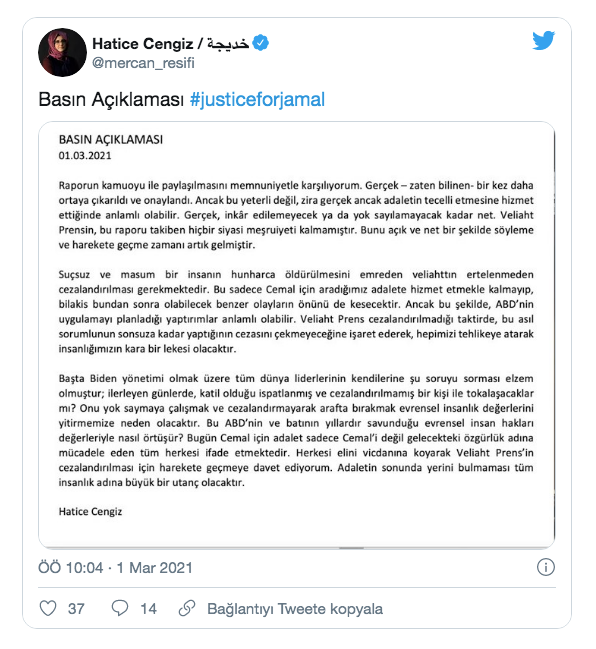 Cemal Kaşıkçı'nın nişanlısı Cengiz: Prens Selman'ın ertelenmeden cezalandırılması gerek - Resim: 1