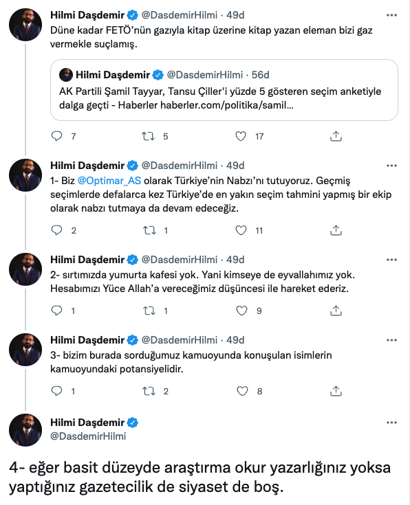 Şamil Tayyar 'Tansu Çiller yüzde 5.6 oy alıyor' diyen anketle dalga geçti! Hilmi Daşdamir Şamil Tayyar'ı 'FETÖ'cü ilan etti - Resim: 1