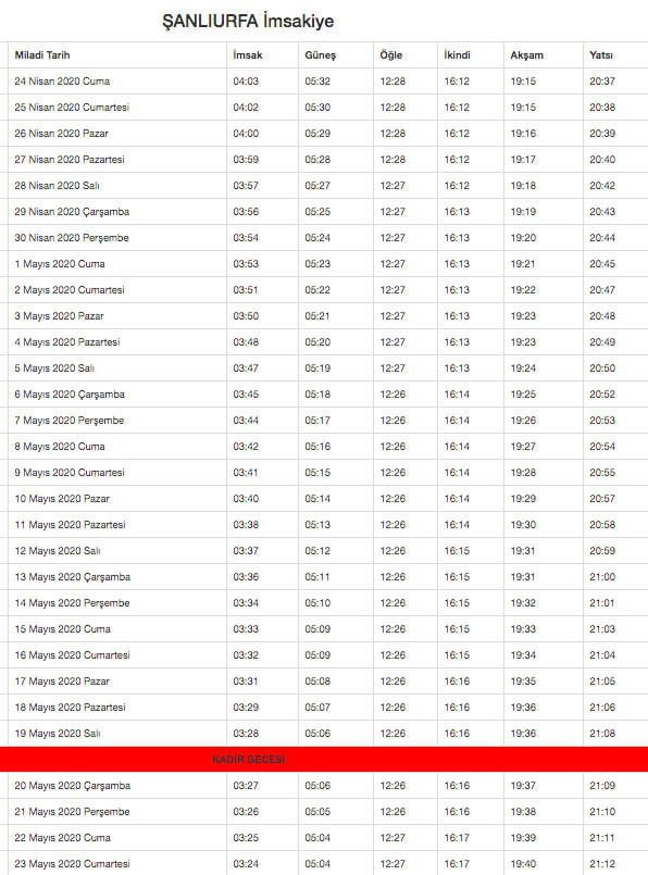 şanlıurfa imsakiye 2020 diyanet imsakiyesi