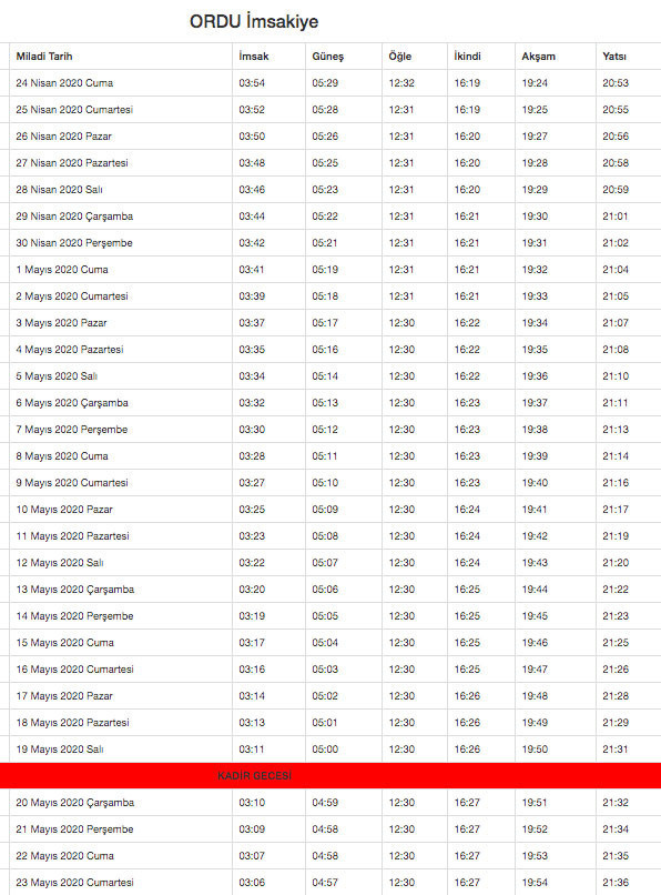 ordu imsakiye 2020 diyanet