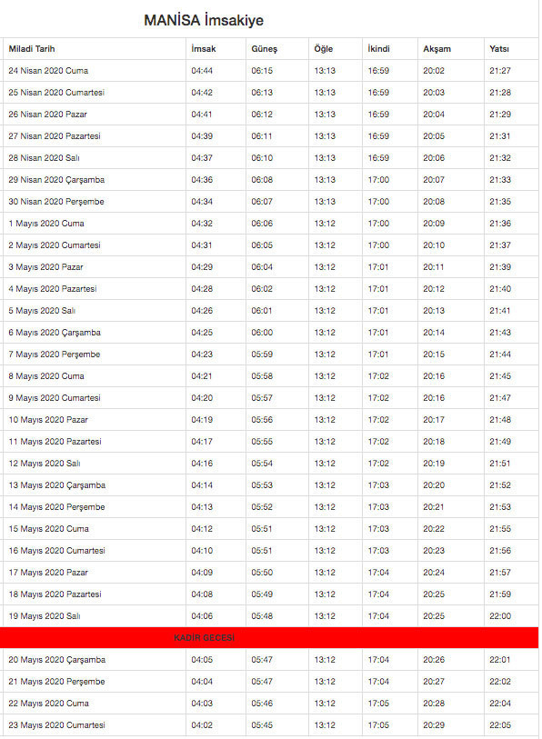 manisa imsakiye 2020 diyanet