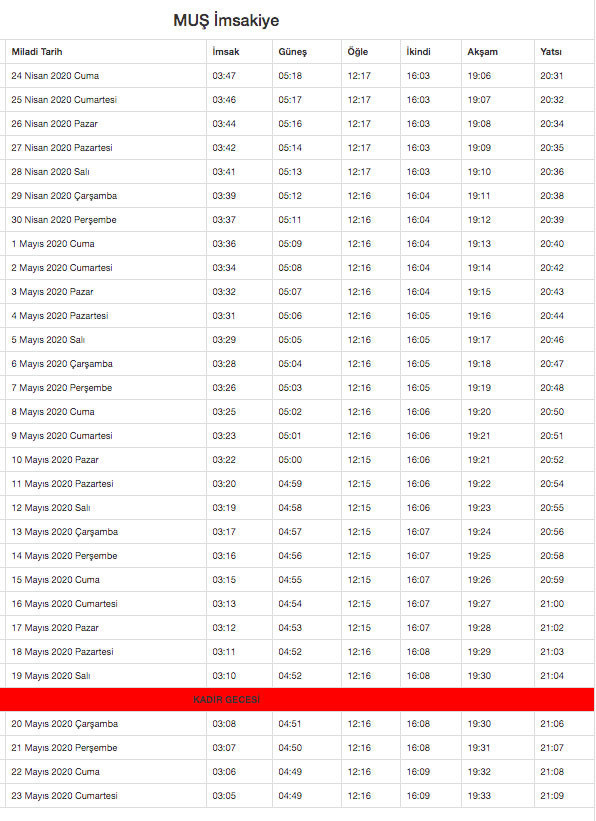 muş imsakiye 2020 diyanet