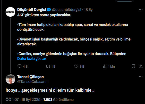 "AKP gittikten sonra yapılacaklar' listesi olay oldu Tansel Cölaşan'dan gerçekleşmesini dilerim paylaşımı - Resim: 0