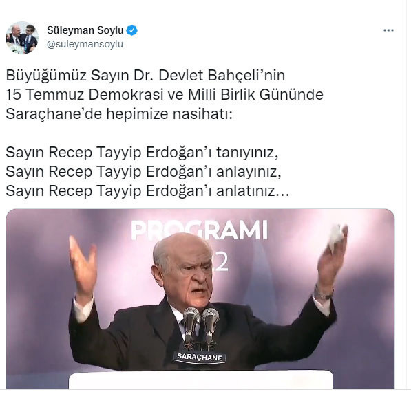 Bakan Soylu MHP lideri Bahçeli'nin sözlerini 'Büyüğümüzün nasihatı' diyerek paylaştı - Resim: 0
