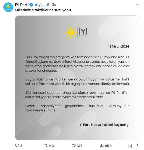 İYİ Parti'den Erdoğan-Akşener görüşmesinde ortaya atılan iddialara ilişkin açıklama - Resim: 0