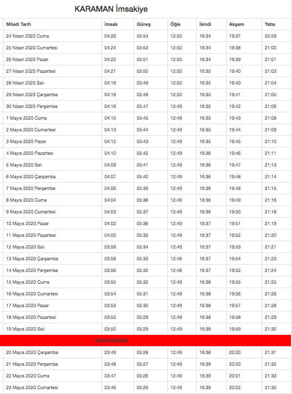 karaman imsakiye 2020