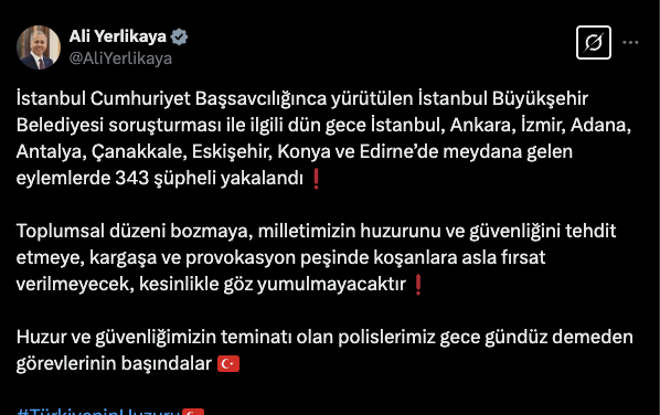 Bakan Yerlikaya duyurdu: 9 ilde dün gece düzenlenen eylemlerde 343 şüpheli yakalandı - Resim: 0