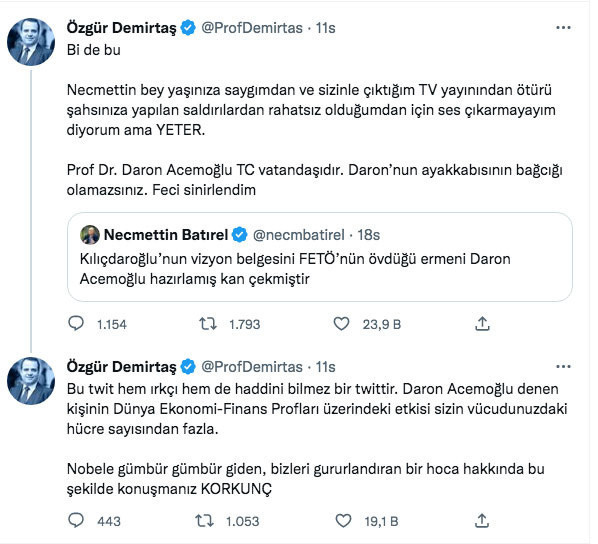 Necmettin Batırel'in Daron Acemoğlu tweeti Özgür Demirtaş'ı çıldırttı: Feci sinirlendim - Resim: 0