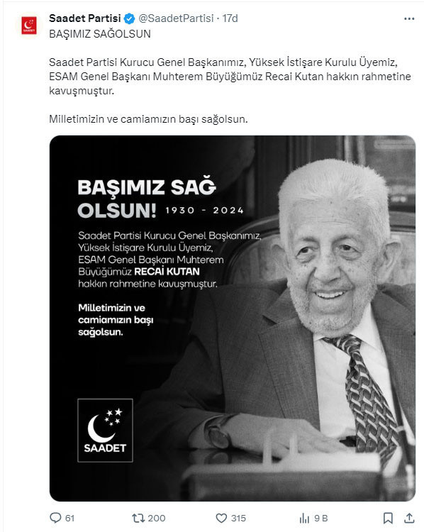 Saadet Partisi Kurucu Genel Başkanı Recai Kutan hayatını kaybetti - Resim: 0