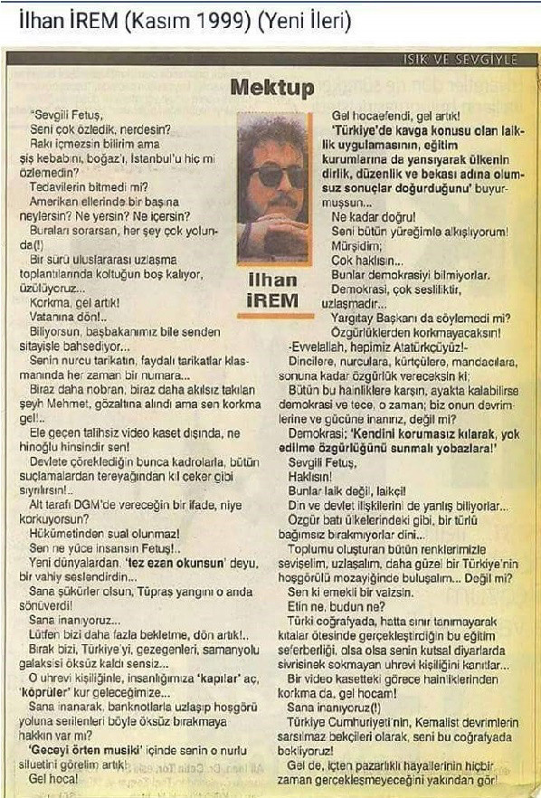 İlhan İrem'in Fetullah Gülen mektubu! Fetuş diye başladığı mektubun tam hali olay - Resim: 0