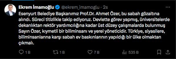 Ekrem İmamoğlu terörden gözaltına alınan Başkan Ahmet Özer'e destek çıktı - Resim: 0