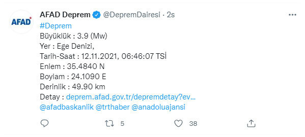 AFAD ve Kandilli duyurdu! Ege Denizi'nde 3.9 büyüklüğünde deprem! - Resim: 0