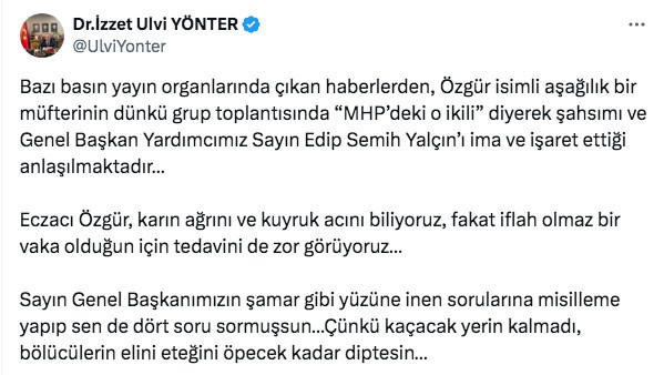 Özgür Özel'in 'MHP örgütünün illallah dediği ikili' dediği isimden yanıt: İddialarını ispat etmezsen namussuzsun! - Resim: 0