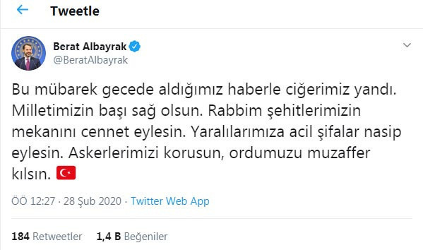 İdlib saldırısı sonrası Berat Albayrak'tan 'Allah ordumuzu muzaffer kılsın' - Resim: 0