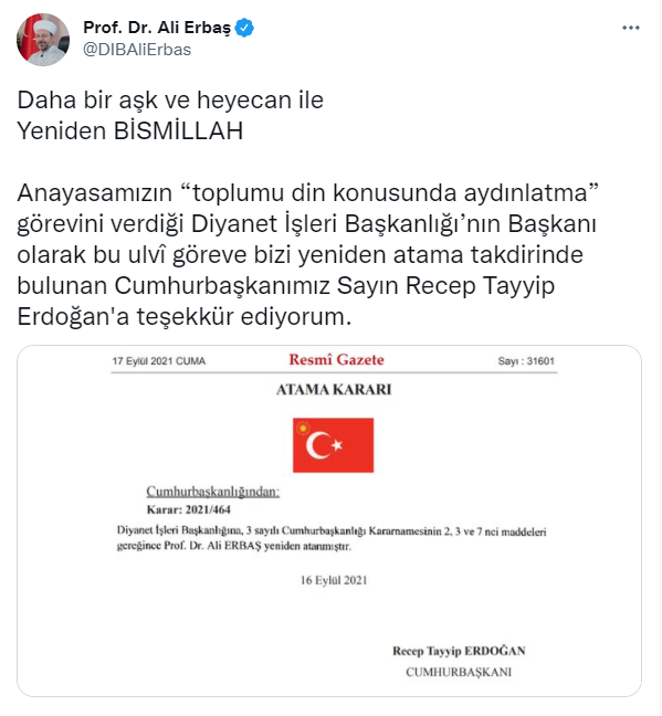 Resmi Gazete'de yayımlandı! Ali Erbaş yeniden Diyanet İşleri Başkanı seçildi - Resim: 1
