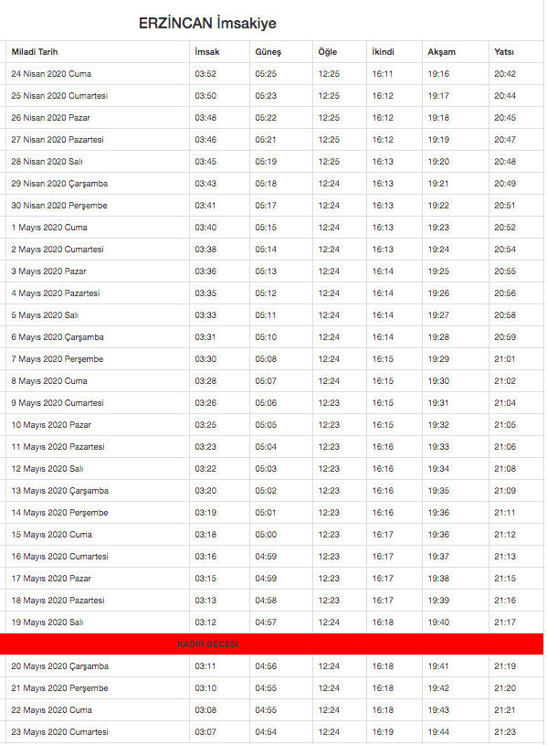 erzincan imsakiye 2020