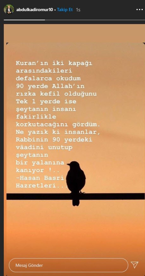 Abdülkadir Ömür'den sokağa çıkma yasağı sonrası imalı paylaşım! - Resim: 0