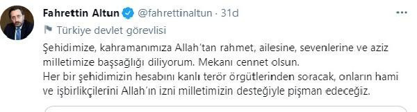 İletişim Başkanı Fahrettin Altun: Her bir şehidimizin hesabını kanlı terör örgütlerinden soracağız - Resim: 0