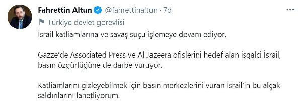 İletişim Başkanı Fahrettin Altun: İsrail, basın özgürlüğüne de darbe vuruyor - Resim: 0