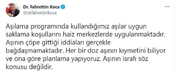 Sağlık Bakanı Fahrettin Koca: 'Aşılar çöpe gidiyor' iddiası külliyen yalan - Resim: 0