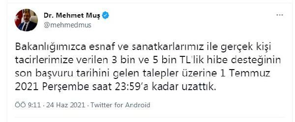 Bakan Mehmet Muş açıkladı! Esnafa hibe desteğinde başvuru süresi uzatıldı - Resim: 0