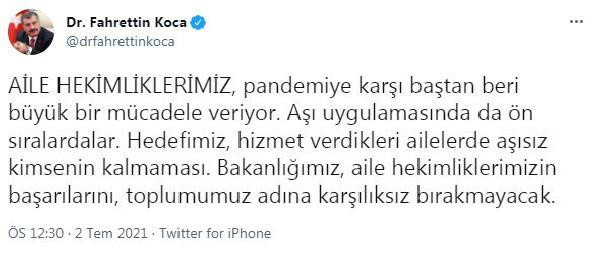 Sağlık Bakanı Fahrettin Koca: Aile hekimliklerimizin başarılarını karşılıksız bırakmayacağız - Resim: 0
