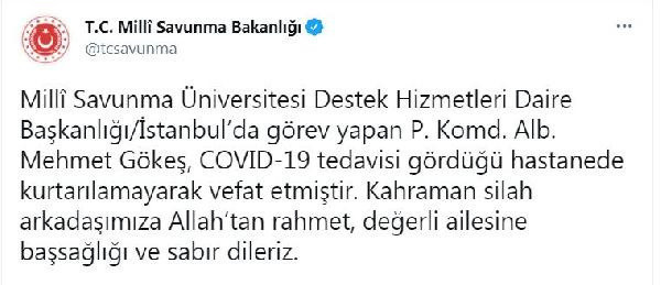 MSB: Koronavirüs tedavisi gören albay hayatını kaybetti - Resim: 0