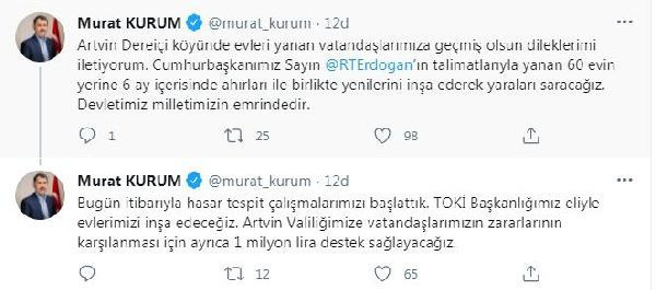 Çevre ve Şehircilik Bakanı Murat Kurum açıkladı: Artvin'de yanan evlerin yerine yenilerini inşa edeceğiz - Resim: 0