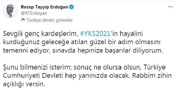 Cumhurbaşkanı Erdoğan, YKS adaylarına başarı diledi - Resim: 0