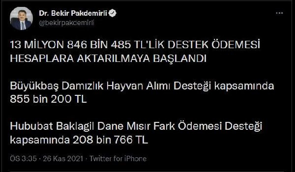 Bakan Bekir Pakdemirli: 13 milyon 846 bin 485 TL'lik destek ödemesi hesaplara aktarılmaya başlandı - Resim: 0