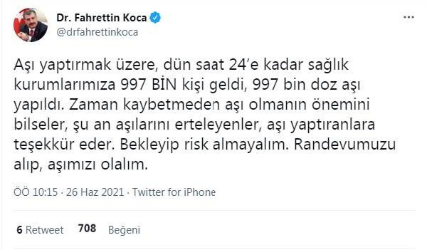 Bakan Fahrettin Koca: Dün saat 24.00'e 997 bin doz aşı yapıldı - Resim: 0