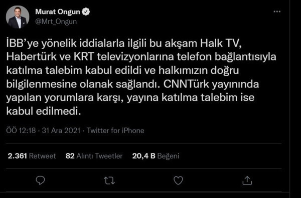 İBB sözcüsü Murat Ongun duyurdu! CNN Türk yayına katılma isteğini kabul etmedi - Resim: 0