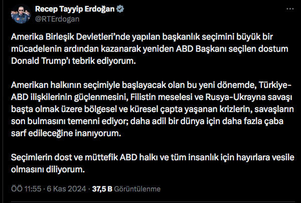 Cumhurbaşkanı Erdoğan ABD Başkanı seçilen Donald Trump'ı tebrik etti - Resim: 0