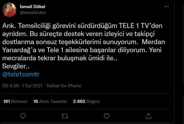 TELE 1'de flaş ayrılık! İsmail Dükel istifa ettiğini duyurdu: Yeni adresi belli oldu iddiası - Resim: 0