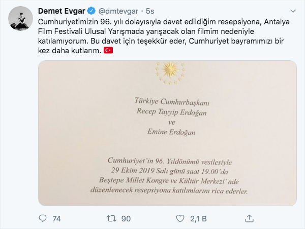 Avlu'nun başrolü Demet Evgar da Erdoğan'ın 29 Ekim davetini reddetti - Resim: 2