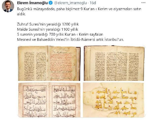 Ekrem İmamoğlu duyurdu! İBB, 9 adet Kur’an-ı Kerim ile el yazmaları satın aldı - Resim: 1