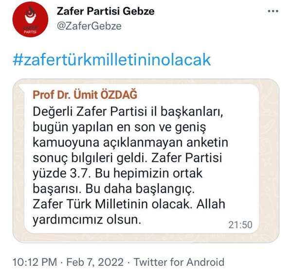 Ümit Özdağ Zafer Partisi'nin oy oranını Whatsapp'tan açıkladı: Bu hepimizin ortak başarısı - Resim: 0